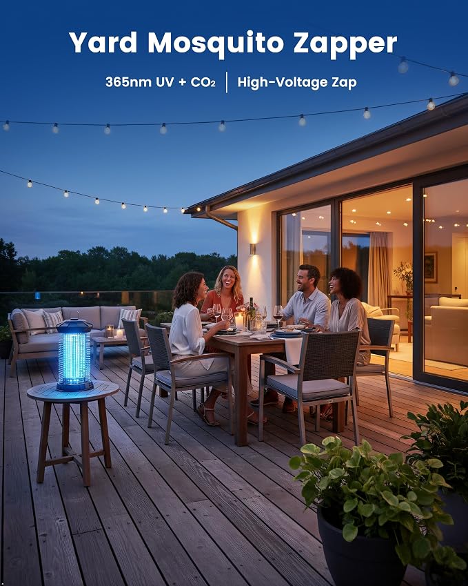 Outdoor Bug Zapper, IPX5 Mosquito Zapper with Dual Lure 365nm Light & 36℃ Body Heat CO2 Mimic, 4200V Smart High Voltage Insect Trap for Patio Backyard Garden
