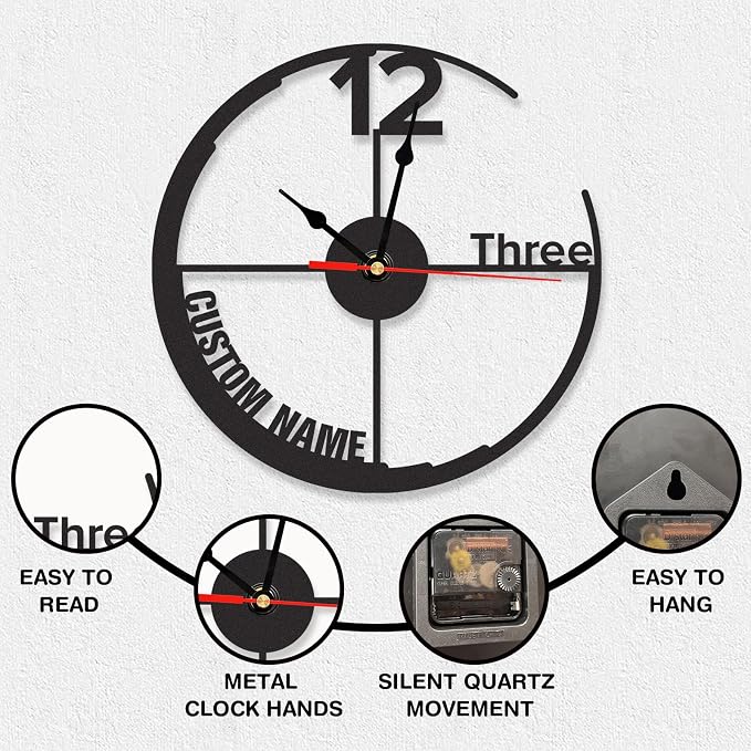 Personalized Outdoor Wall Clock, Custom Name Silent Non Ticking Clock, Battery Operated, Waterproof Modern Black Metal Wall Clocks for Patio, Pool, Garden, Living Room Decor, Housewarming Gift