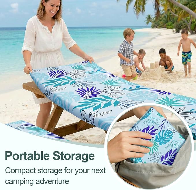 Play Tailor Picnic Table Cover with Bench Covers Camping Essentials Waterproof Windproof Camping Tablecloth with Drawstring Bag, Fitted Rectangle Tables and Seats, 60in, Light Green Blue