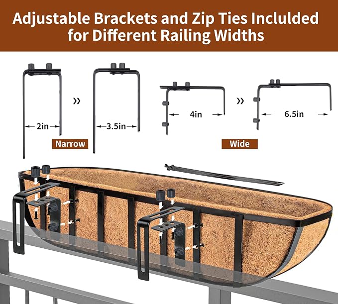 Y&M Window Planter Box Iron Deck Planters – Heavy Duty Steel Flower Troughs with Coco Liner, Adjustable Hanging Brackets for Balcony, Patio, Porch & Garden-30in 2Pcs