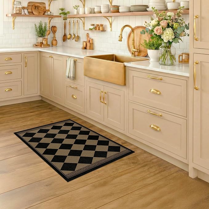 2x3 Elegant Farmhouse Checkered Kitchen Rug, Easy Jute Style Front Door Mat, Non-Slip Washable Soft Area Rug, Non-Shedding Low Pile Carpet for Entryway, Kitchen Sink, Porch & Doorway, Brown & Black