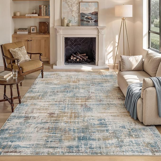 UERMEI 7x9 Area Rug for Living Room Washable Abstract Blue Brown Carpet | Low Pile Non-Slip Soft Neutral Modern Kid Pet Friendly Large Rugs For Bedroom Dining Room Nursery Office Indoor Decor