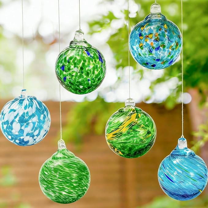JarThenaAMCS 6Pcs Hand Blown Glass Ball Ornaments 2.4 Inch Summer Beach Gazing Ball Blue Green Hanging Friendship Witch Balls for Hawaii Home Party Garden Wall Window Decor