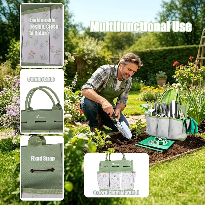 13-Piece Gardening Tool Set with Stylish Portable Storage Bag and Apron, Heavy-Duty Tools for Women's Everyday Gardening Use, Green