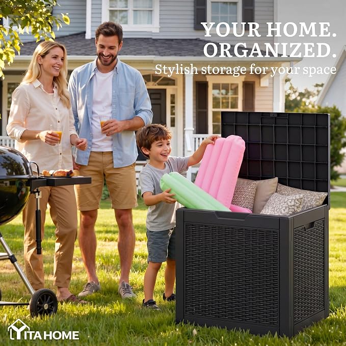 YITAHOME 35 Gallon Outdoor Deck Box | Lockable Waterproof Storage Box, Resin Storage Bin for Patio Cushions, Gardening Tools, UV Resistant, Black