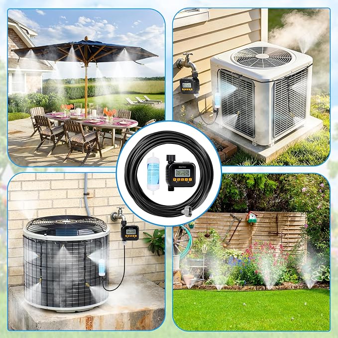 AC Condenser Misting Cooling System with Garden Timer & Water Filter & Cutter, Air Conditioner Evaporative Cooling Kit for Residential AC Units, Sun-Exposed Condensers&High-Temperature Climate Homes
