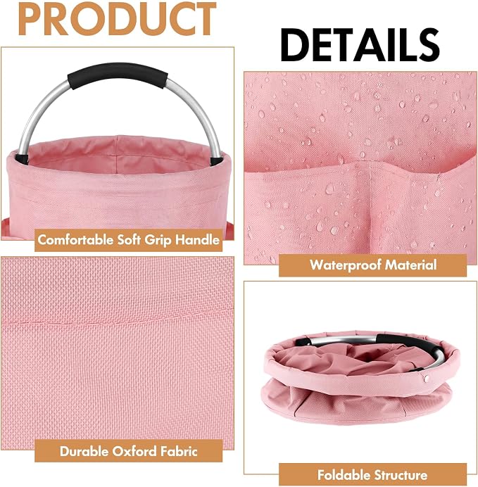 LemonRoad 4 Pack Cleaning Caddy with Handle 17L Foldable Cleaning Supplies Organizer Oxford Cloth Storage Basket with 6 Pockets Portable Multi Bucket Bag for Home Garden (Black,Beige,Navy Blue,Pink)