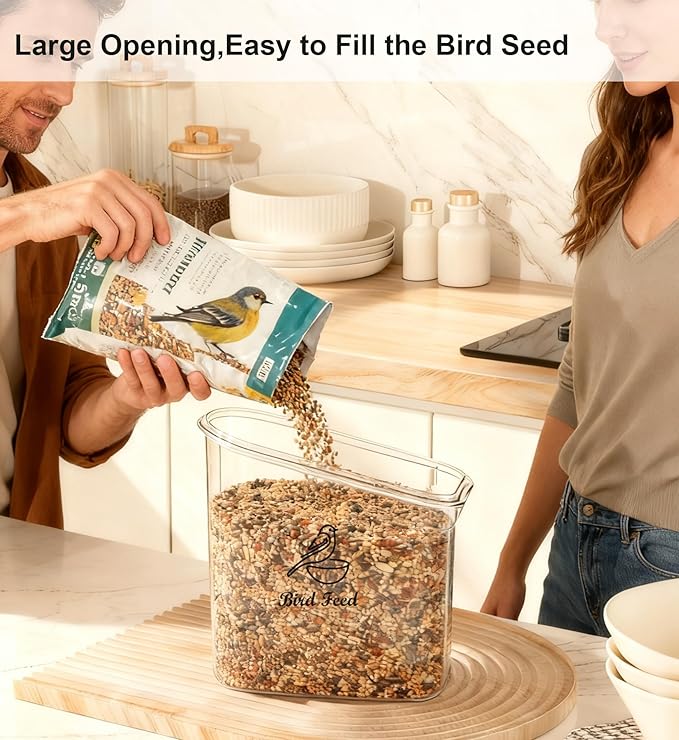 Bird Seed Storage Container Portable-3 Qt/2.8 L Clear Pet Food Container-with Measuring Cup/Lid,Airtight Wild Bird Seed Dispenser for Storing Sunflower Seed|Squirrel proof|BPA Free-White