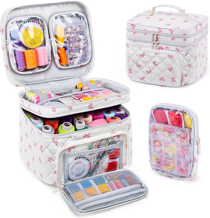 AMOIGEE Double-Layer Sewing Organizer Storage Bag with 2 Detachable Pouches, Large Quilted Sewing Basket for Supplies & Tools, Portable Travel Sewing Kit Case, Gift for Mom(Bag ONLY)