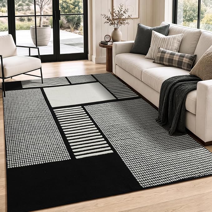 5x7 Black and White Area Rug, Washable Non Slip Living Room Carpet | Stain-resistant Low-pile Black and White Geometric Rug, Abstract Patchwork Carpet for Living Room Bedroom and Dining Room