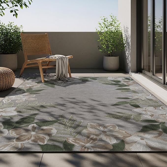 Outdoor Rug 6x9 Washable Area Rugs Indoor Outdoor Carpets Green Border Floral Non Shedding Waterproof Easy Clean Patio Deck Porch Living Room Bedroom Garden RV (6 X 9 Green)