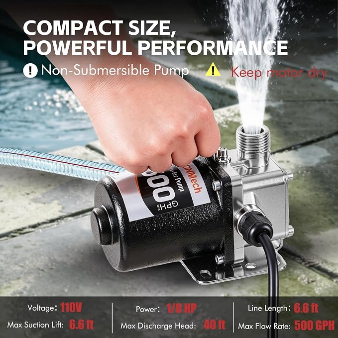 FMCNMech Portable Water Transfer Pump, 110V Electric Utility Pump with 500 GPH High Flow, for Pool Drain, Basement Water Removal, Garden, Rain Barrel (Water pump without switch)