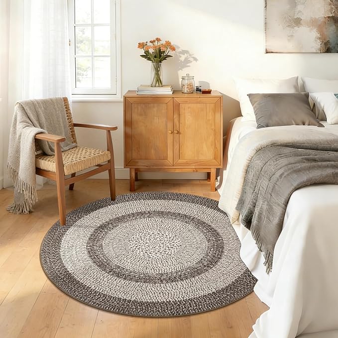 RUGSREAL Modern Bordered Round Area Rug 4ft Washable Bedroom Circle Rugs | Non Slip Stain Resistant Dining Room Round Throw Carpet Contemporary Circle Mats for Living Room Kitchen Nursery, Mocha