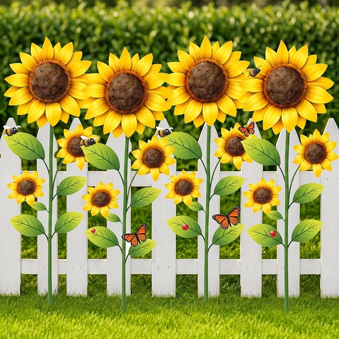 4 Pack Garden Decor for Outside 15.7'' Metal Sunflower Garden Stakes Decorative Summer Flowers Metal Yard Art Rust Proof Plant Sticks for Outdoor Lawn Yard Patio Porch