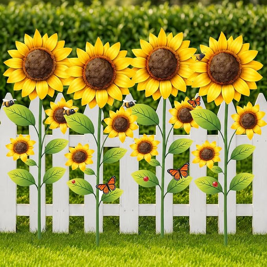 4 Pack Garden Decor for Outside 15.7'' Metal Sunflower Garden Stakes Decorative Summer Flowers Metal Yard Art Rust Proof Plant Sticks for Outdoor Lawn Yard Patio Porch