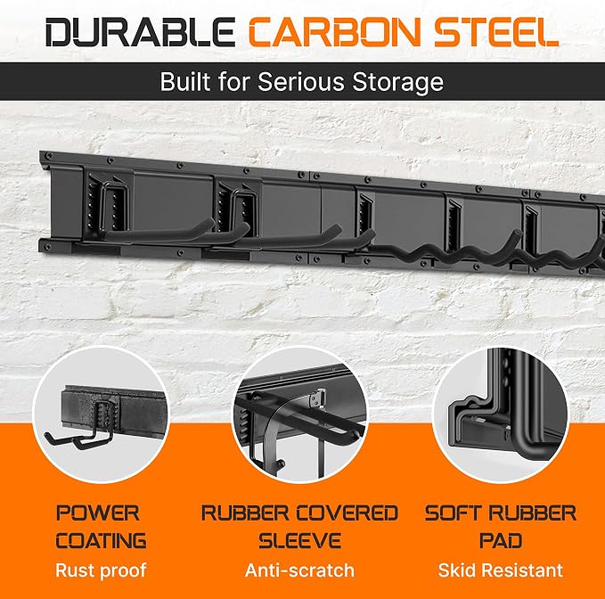 "96 Garage Tool Organizer Wall Mount - Heavy Duty 1020 lbs Metal Storage Rack, Easy Install Adjustable Hooks for Garden Tools Brooms
