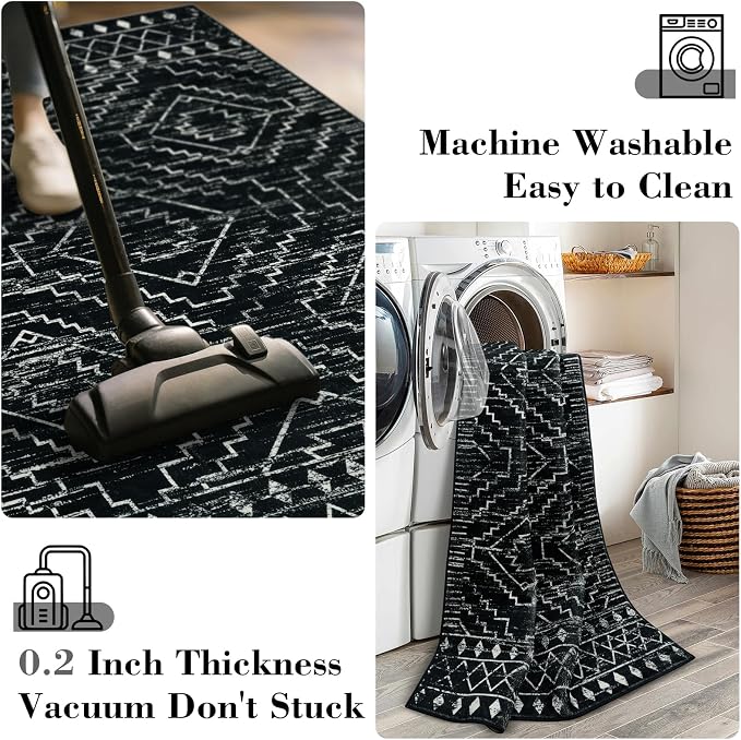 Wonnitar Moroccan Runner Rugs for Hallway 2'6"x8', Black Washable Boho Kitchen Non-Slip Rug Runner, Geometric Tribal Long Soft Bathroom Accent Area Rug for Entryway Laundry Bedroom (Black,2'6"x8')