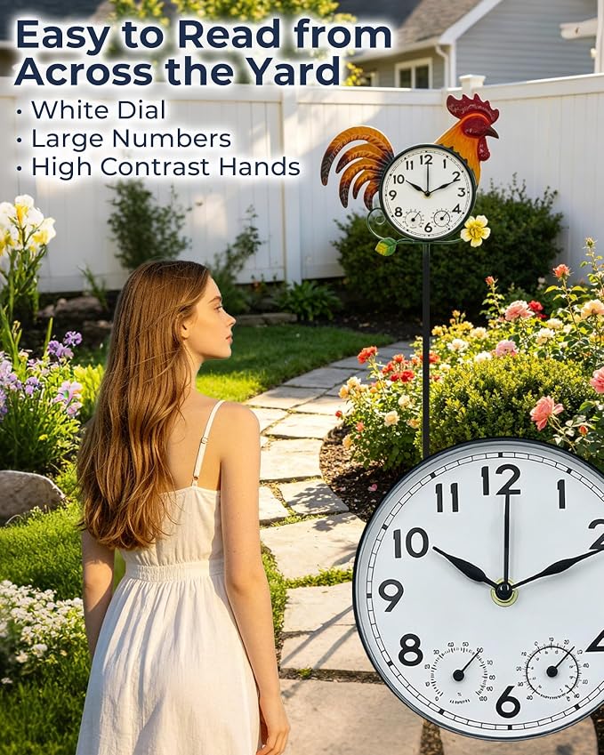 Rooster Outdoor Clock with Thermometer & Hygrometer | 41" Garden Stake or Wall Mount Design Weather-Resistant Metal Easy-to-Read Dial Farmhouse Garden Decor