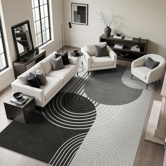 DCX Abstract Washable 6x9 Rug, Non Slip Low Pile Rug, Black Gray | Rugs for living room, bedroom, dining room, office, soft, mid century modern rug, sain resistant indoor carpet, home decor
