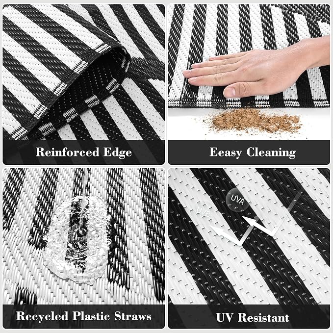 Lahome Outdoor Rug 8x10 Patio Waterproof, Plastic Straw Reversible Rv Rugs for Outside, Large Portable Porch Decor Camping Carpet for Balcony Tent Travel, Black 8'x10'