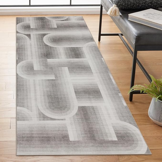 Machine Washable Area Rug Runner - Living Room Bedroom Bathroom Kitchen Entryway Office - Non-Slip Baking Low Pile Stain Resistant Premium - Modern Geometric - Lyra - Beige 2'6" x 6'