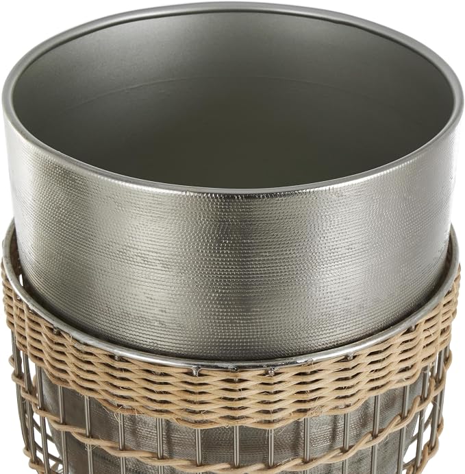 Deco 79 Metal Indoor Planter Textured Dome Large Planter Pot with Woven Rattan and Caged Rod Pedestal Base, Set of 3 Planters 30", 23", 18" H, Silver