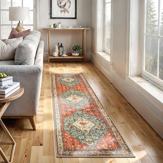 Lahome Felice Boho Tribal Runner Rug - 2x7 Hallway Kitchen Runner Rug Washable Bathroom Laundry Mat Faux Wool Non-Slip Floor Carpet for Entryway Bedroom Living Dining Room,Rust/Dull Teal