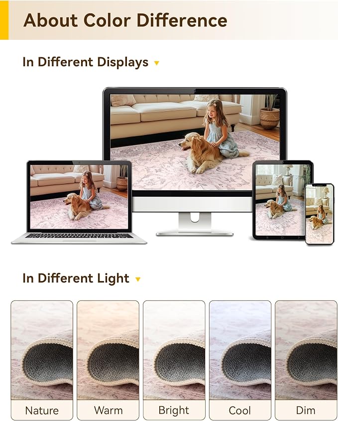 RELEANY Washable Area Rug, 5'x7', Pink | Non-Slip, Water Repellent, Pet Friendly, Easy to Clean, Vintage Floral Boho Decor for Living Room Bedroom Dining Room Office