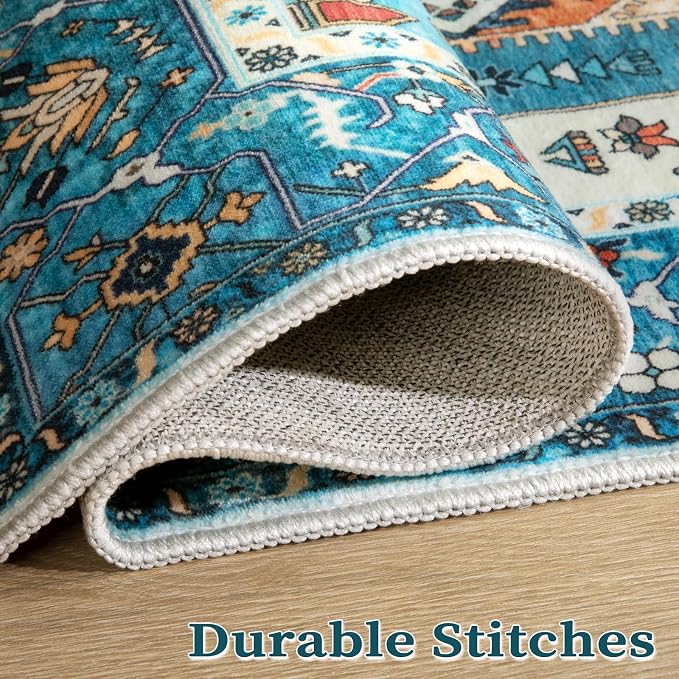SERISSA 9x12 Washable Non Slip Boho Area Rug for Living Room，Blue | Ultra Soft Vintage Oriental Carpet Low-Pile Distressed Tribal Throw Carpet for Dining Room Bedroom Dorm Office Home Decor