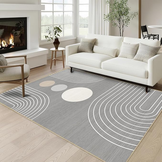 Boho Rug 3x5 Modern Geometric Minimalist Abstract Line Area Rug for Entryway Living Room Grey Mid Century Modern Machine Washable Non-Slip Printed Low-Pile Floor Carpet for Kitchen Bedroom Gray