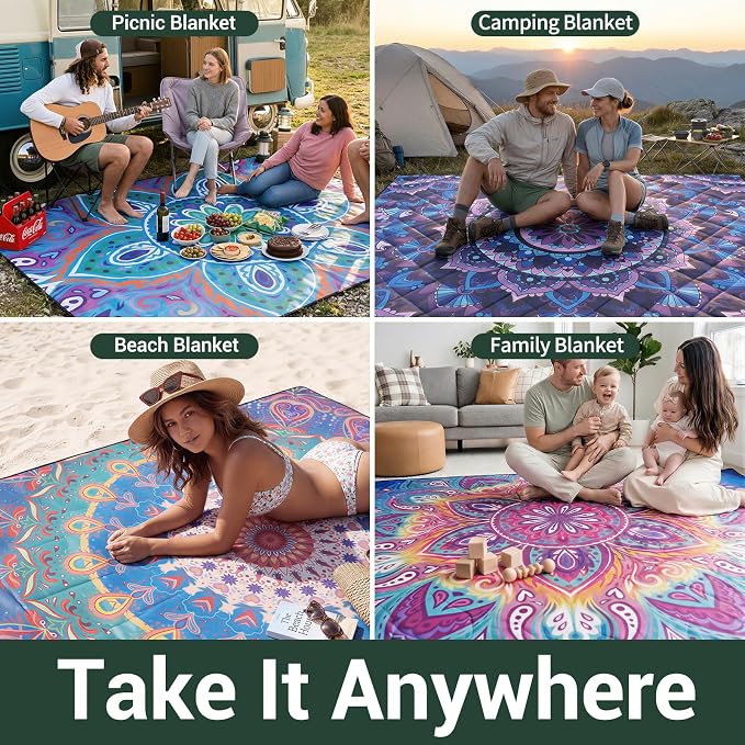 60x80" Waterproof Picnic Blankets Outdoor Sandless Beach Blanket Foldable Padded Ground Grass Park Lawn Mat Tent Camping Rug Backpack Hiking Roadtrip Gadgets Gifts Rv Car Travel Trailers Items