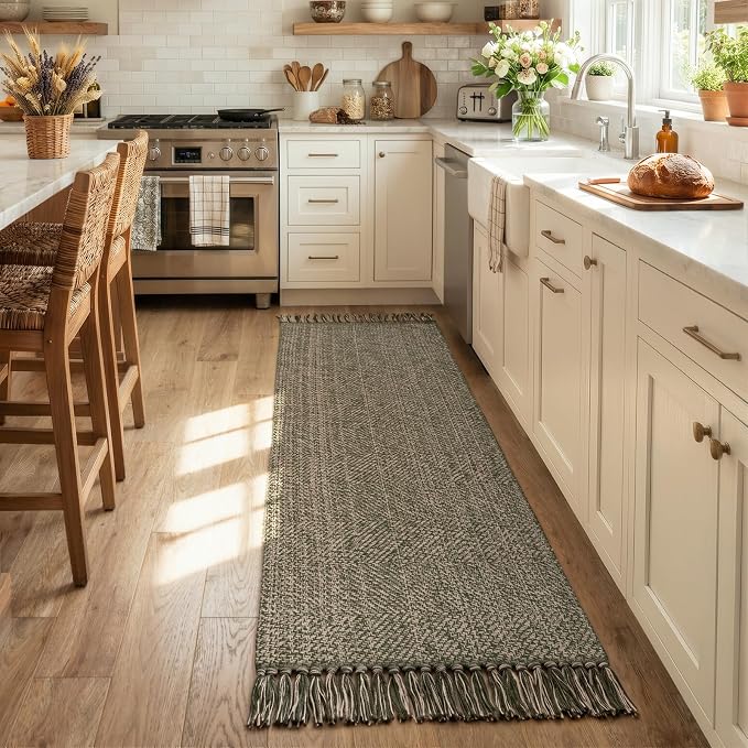 Boho Kitchen Runner Rug 2' x 6', Modern Farmhouse Bathroom Mat | Washable Moss Green Hallway Runner Rugs Hand-Woven Reversible Bedroom Carpet for Laundry Entryway Home Decor