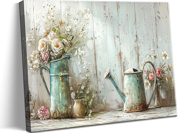 Farmhouse Flower Bathroom Canvas Wall Art Vintage Floral Decor Pictures White Daisy Flowers Watering Can Posters Prints for Bathroom Toilet Washroom Lavatory Home Decoration