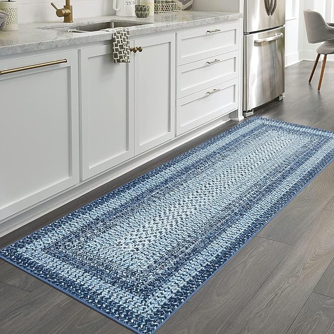 RUGSREAL 2x6 Runner Rug Braided Print Hallway Area Rugs Machine Washable | Throw Floor Cover Non Slip Modern Runner Carpet for Kitchen Farmhouse Rustic Carpet for Living Room Bedroom, Blue