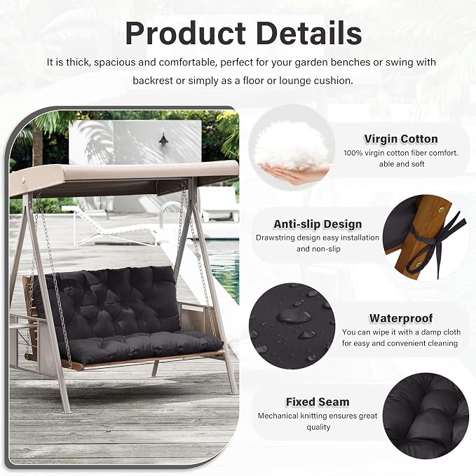 Porch Swing Cushion with Backrest,Waterproof Bench Cushion for Outdoor Furniture,2-3 Seater Replacement Thickened 5 in swing cushion,with Ties,Patio,Outdoor,Backyard and Garden (Grey,47x40 in)