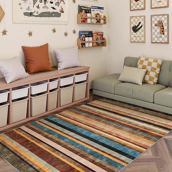 jinchan 5x7 Area Rug Modern Striped Rug Washable Living Room Rug, Pine Dawn | Non-Slip, Thin, Lightweight, Low Pile, Decor Carpet, Modern, Entrance, Entryway, Bedroom, Kitchen, Dining Room, Home Office