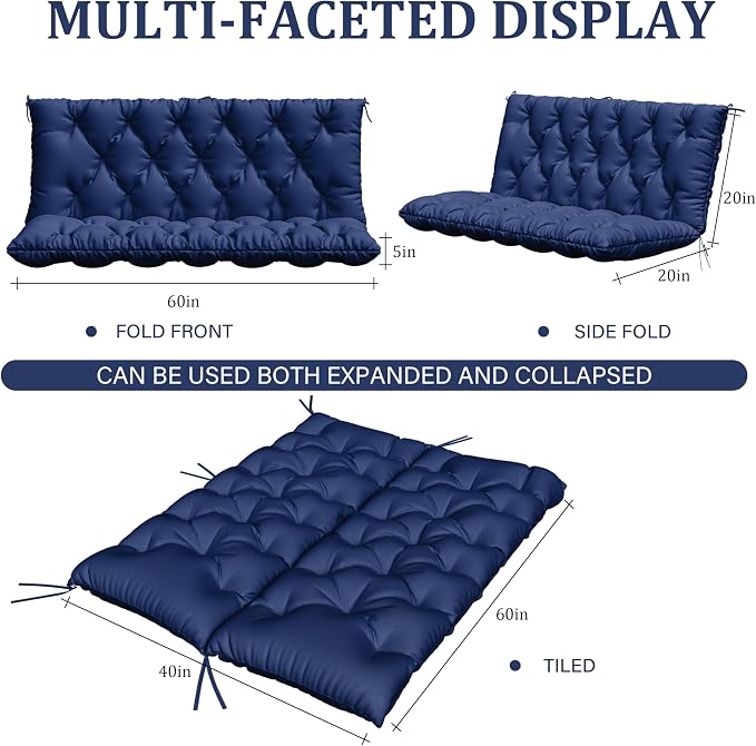 Porch Swing Cushion with Backrest,Waterproof Bench Cushion for Outdoor Furniture,2-3 Seater Replacement Thickened 5 in swing cushion,with Ties,Patio,Outdoor,Backyard and Garden (Blue,60x40 in)