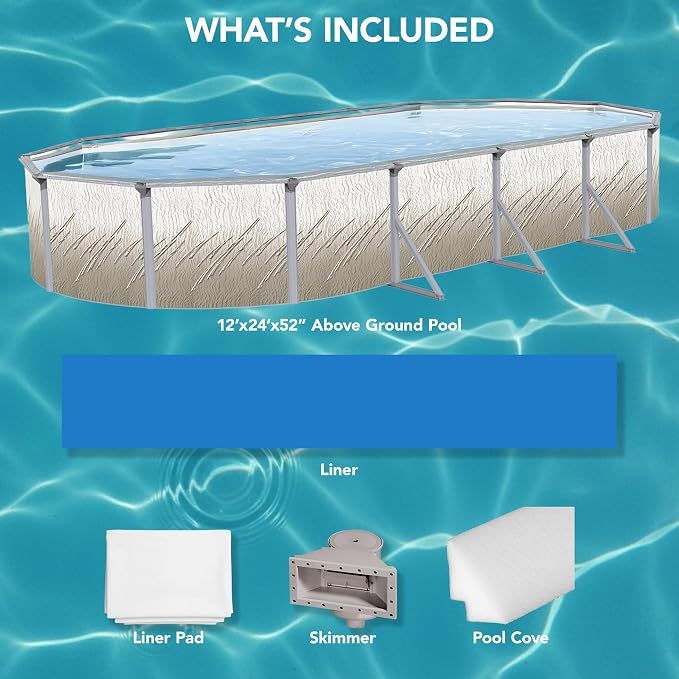 Puri Tech 12'x24'x52 Lakeview Above Ground Swimming Pool Set with Liner, Skimmer, Liner Pad, and Pool Cove for Replacement Backyard Swimming Pool Setup