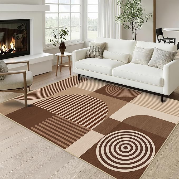 Brown Geometric Area Rug 4x6 for Living Room Rug Machine Washable Minimalist Line Mid Century Modern Rugs Non Slip Low Pile Indoor Floor Carpet for Bedroom Dining Room Laundry Office,Brown