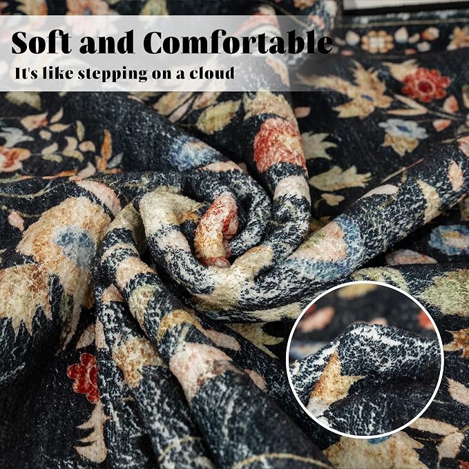 8x10 Area Rugs Washable Floral Rug Non Slip Ultra-Thin Large | Machine Washable Throw Carpet for Living Room Dining Room Bedroom Floor Indoor Low Pile Boho Vintage Black