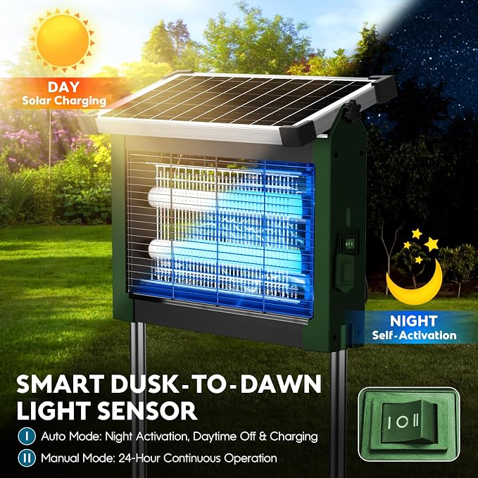 Solar Bug Zapper Outdoor, Waterproof Mosquito Zapper Outdoor Solar Powered, 4500V Electric Bug Zapper Indoor w/Smart Light Sensor, Mosquito Trap Fly Zapper for Patio Kitchen Garage Yard Camping