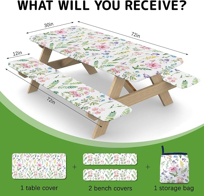 Picnic Table Cover with Bench Covers Elastic Edges, 3 Pcs Flower Fitted Table Cover with Drawstring Bag, Waterproof Windproof Aesthetic Camping Tablecloth, Outdoor Camping Essentials 72 Inch