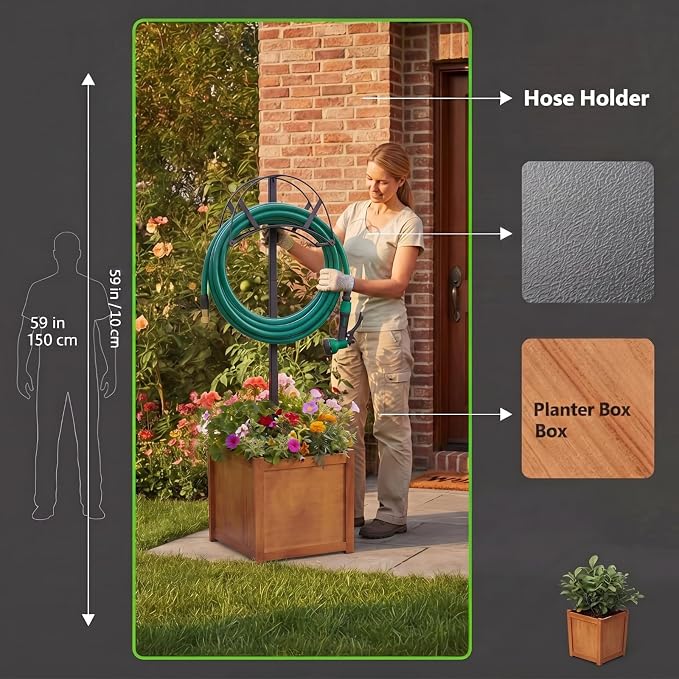 AceOrbit 2-in-1 Garden Hose Holder with Planter Box, Freestanding Heavy Duty Metal Water Hose Stand with Wooden Flower Pot 15.75", Detachable Organizer Rack for Patio Lawn Yard Garden Decor