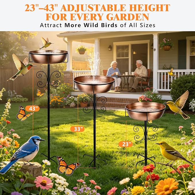 Btefd 3" Deep 43" Tall Copper Metal Bird Bath for Outdoor, 12" Dia Removable Bird Baths Water Bowl for Outside, Standing Birdbaths with Stable Stake for Garden Yard Lawn Decor 1.4 Gallon