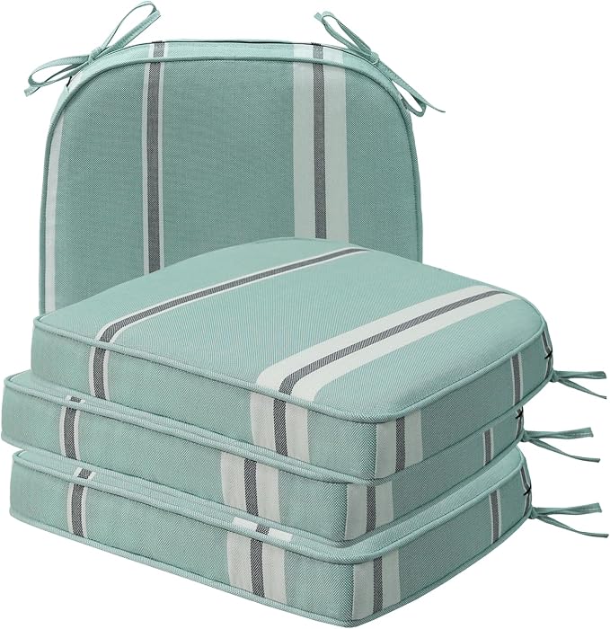 Unimatta Round Corner Seat Cushions, 17" x 16" x 2", Set of 4, Indoor Outdoor Water Repellent Universal Chair Pads with Ties for Patio Furniture, Garden Deck Dining Chairs, Aqua Stripe