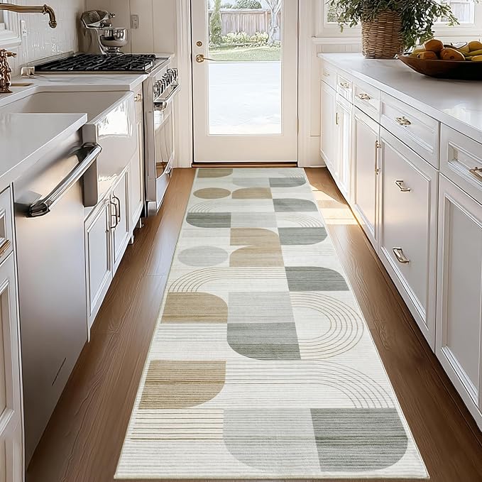 Soft Modern Geometric Abstract Machine Washable 2.7x8 Runner Rug | Beige Rugs for Bedroom Living Room, Non-Shedding Faux Wool Indoor Throw Floor Carpet for Office Entryway Dining Room Decor