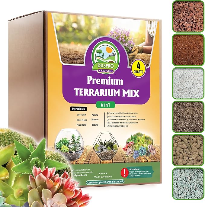 DUSPRO Premium 6in1 Terrarium Soil Mix – Pre-Mixed Terrarium Substrate Mix for Terrariums, Balanced Moisture Growing Medium with Coco Coir, Peat Moss, Pine Bark, Perlite, Pumice & Zeolite 4QRT