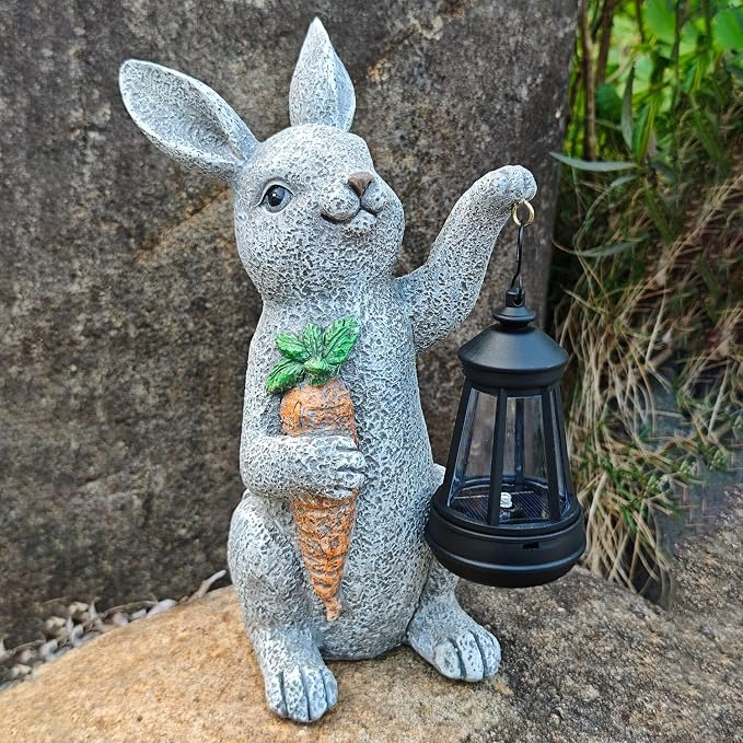 Garden Statues Rabbit Solar Lantern Outdoor Handmade Resin Statue Bunny with Cute Carrot for Patio, Yard, Mother's Day Gift Ideas