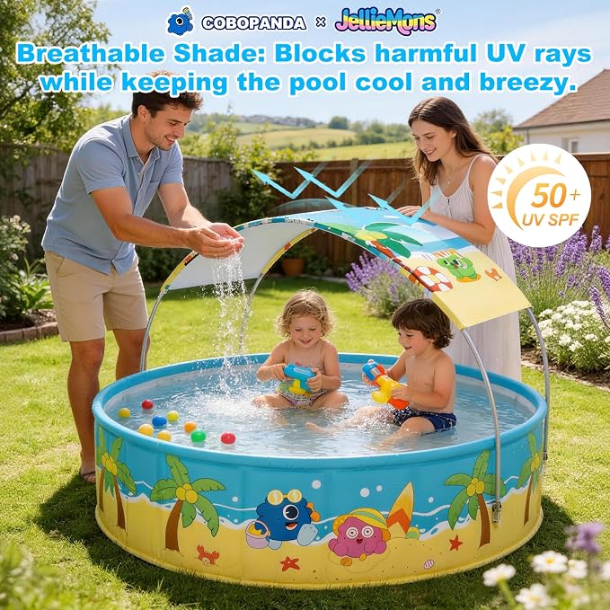 Foldable Swimming Pool with Canopy for Kids 78.7"x17.7" Hard Plastic Portable Dog Pool Anti-Slip Collapsible Large Kiddie Pool Indoor Outdoor Backyard (JellieMons 79'')