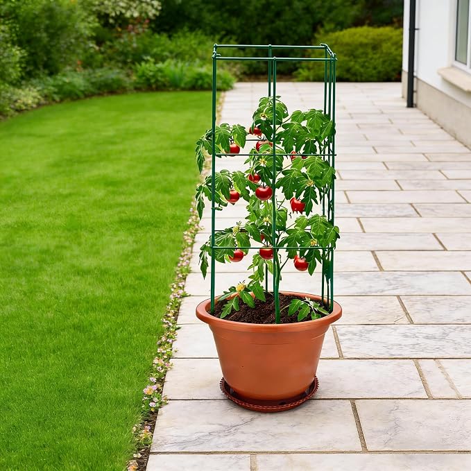 4 Pack 12x39 Inch High Green Folding Square Tomato Cages, Tall Plant Support Tomato Trellis Metal Plant Peony Cage